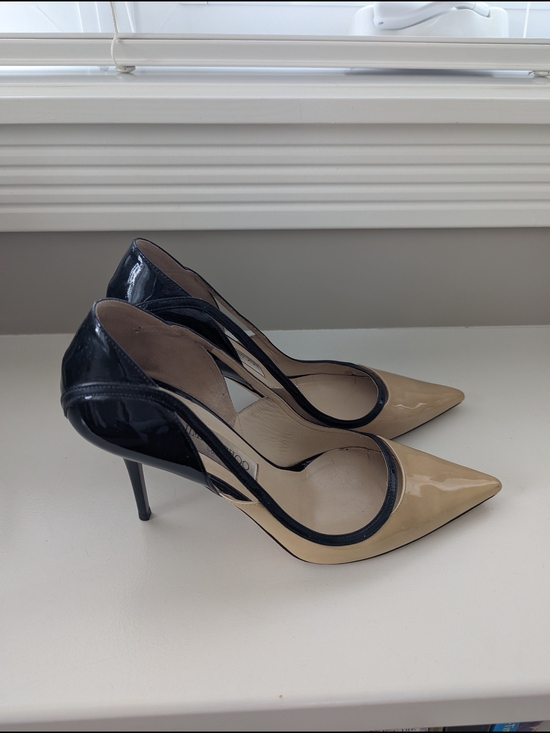 Jimmy Choo Shoes - Jimmy Choo Black and Beige Patent Pointed-Toe Stiletto Pumps